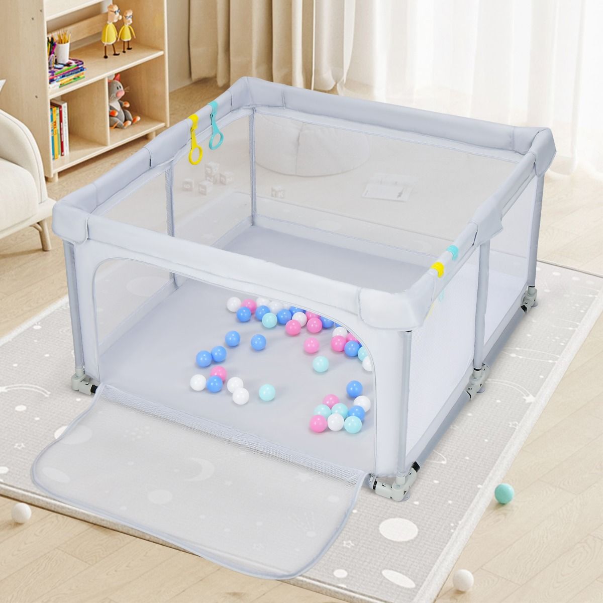 Coast Opvouwbare Babybox 124x124x70 cm Grijs met 50 Oceaanballen en 4 Handgrepen – Oxford Stof, Ademend Gaas