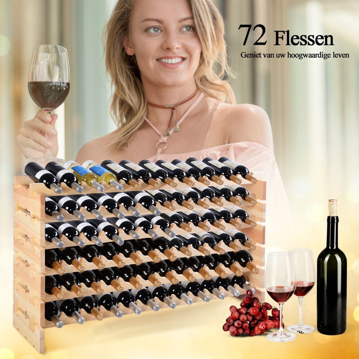 Coast Houten Flessenrek - Capaciteit voor 72 Flessen - 6 Niveaus - 119 x 29 x 72 cm - Dennenhout
