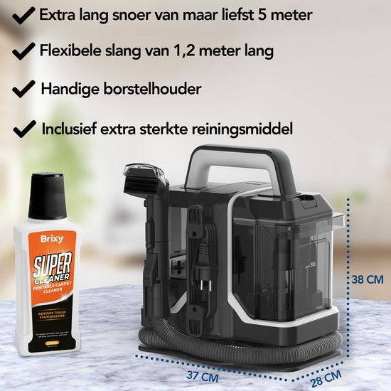 Brixy Professionele Tapijtreiniger - Vlekkenreiniger - 2 Borstels - Krachtig En Draagbaar - Bank Reiniger - Meubelreiniger - Zetelreiniger - 750W - Incl. Reinigingsmiddel