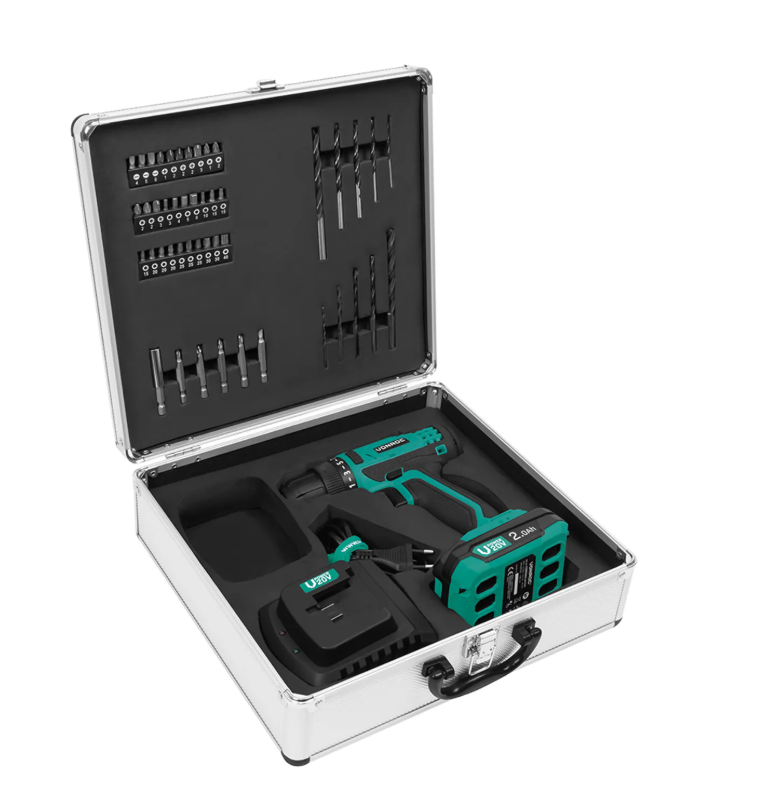 Vonroc Accuboormachine 20V – 25 Nm – 19+1 Standen – 2,0 Ah Accu – 46 Accessoires – Aluminium Koffer