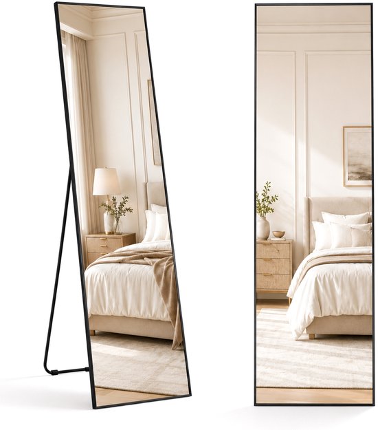 Infinity Goods Passpiegel - Wandspiegel - Staande Rechthoekige Spiegel - Luxe Metalen Rand - 160 x 40 cm - Zwart