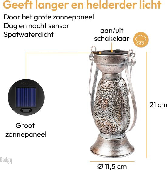 Gadgy Solar Tafellamp Petroleum - Olielamp Tuinlantaarn Set van 2 - Solar Tuinverlichting op Zonneenergie - Led Buitenverlichting met dag/nacht Sensor - Hanglamp - 21 x Ø11.5 cm - Metaal