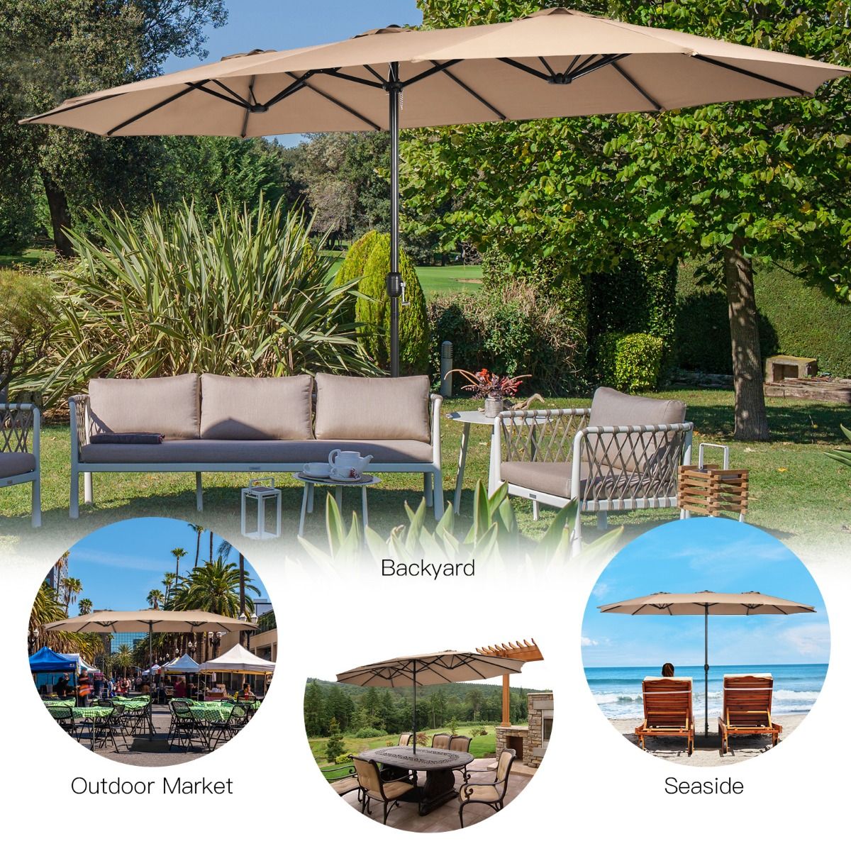 Coast 451,5 x 264 cm Dubbele Terrasparasol met Standaard – Bruin XXL Schaduwparasol voor Tuin, Terras en Zwembad