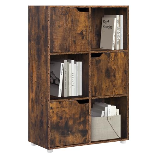 Woltu Boekenkast SK001vbn 6 Vakken met Deuren - Houten Kast Rustiek Bruin - 59,7 x 29 x 91 cm