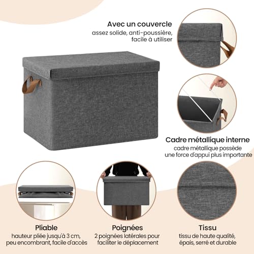 Woltu Opvouwbare Opbergbox met Deksel en Handvatten Grijs 48 x 30 x 36 cm - Set van 5