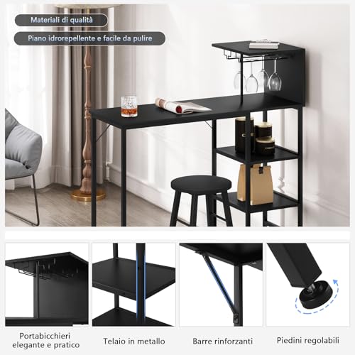 Woltu Bartafel met 4 Planken en 2 Bekerhouders - Zwart - 125,5 cm Hoogte, 108,5 x 40 cm Tafelblad