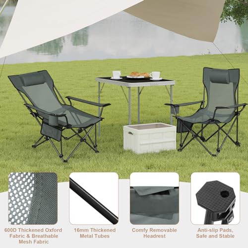 Woltu Set van 2 Opvouwbare Campingstoelen met Verstelbare Rugleuning en Bekerhouder - Grijs