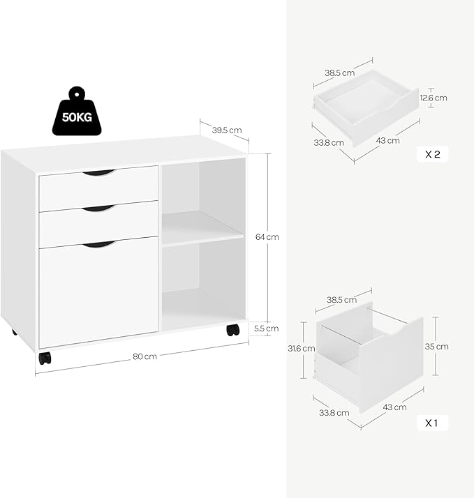 WOLTU ASK13ws rollcontainer - mobiel ladeblok voor kantoor - 3 lades - wit - 80 x 69,5 x 39,5 cm