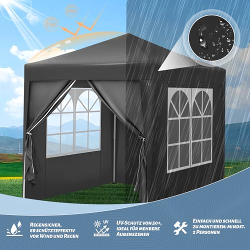 Woltu Vouwpaviljoen 2 x 2 m met 6 Zijwanden - Waterafstotend, UV-bescherming 50+, Verstelbare Hoogte, Antraciet
