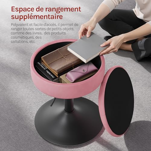 Woltu Make-up Kruk met Opbergruimte - Verstelbare Barstoel 50-66,5 cm - Ronde Zitting - Fluweel Roze
