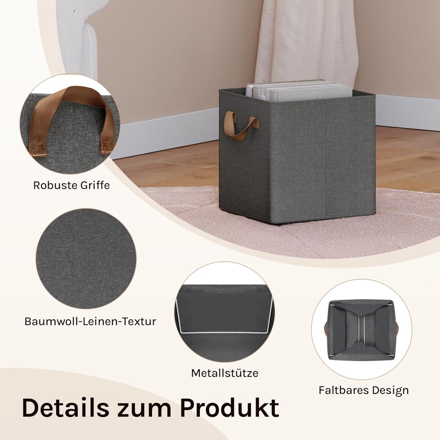 Woltu Opvouwbare Opbergboxen Set van 5 - Grijs - Met Handgrepen en Metalen Frame - 26 x 26 x 26,5 cm