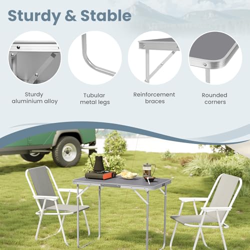 Woltu Campingtafel CPT8135gr - Opvouwbare Reistafel met Handvat - Aluminium en MDF - Grijs - 70 x 50 x 60 cm