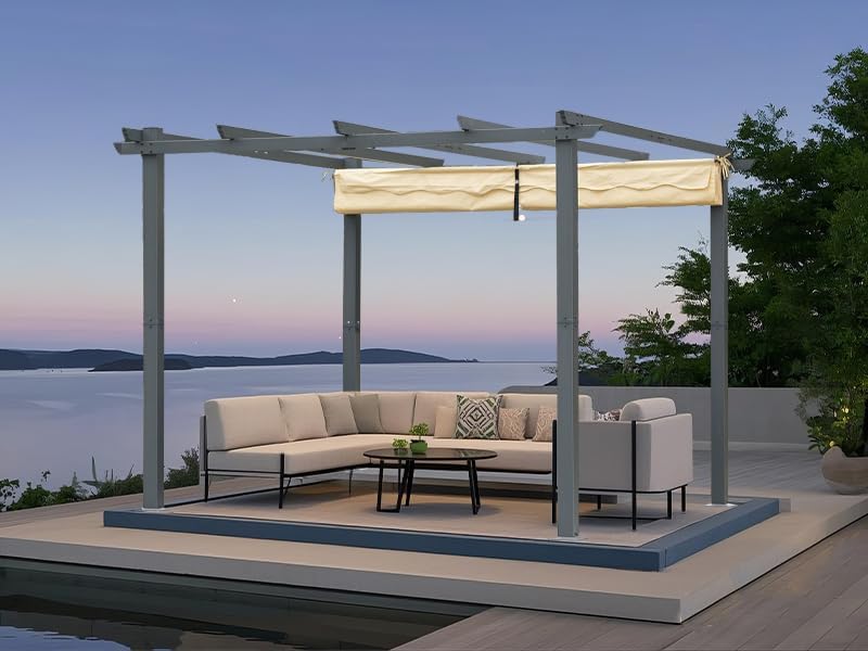 Angel Living Aluminium Pergola - Intrekbaar Dak - Elegant Ontworpen - Paviljoen - Prieel - met Water- en UV-Bestendig Polyesterdoek - Beige - 3 x 3 m
