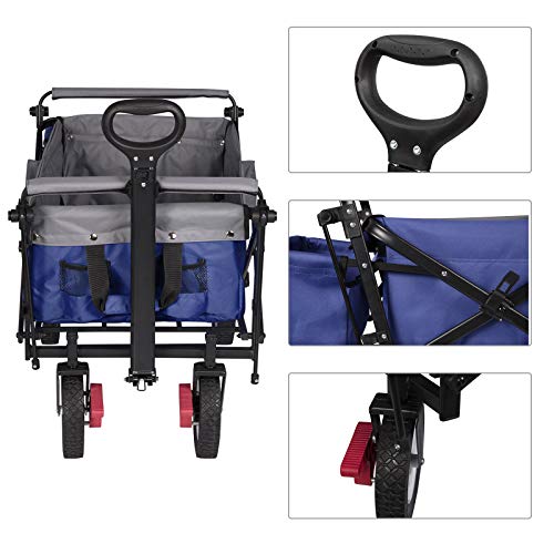 Woltu Transportwagen Opvouwbaar - Stevig Stalen Frame Blauw - 80 kg Draagvermogen, Met Rem en Afneembare Zonneklep - 4 Zwenkwielen 100x50x90 cm