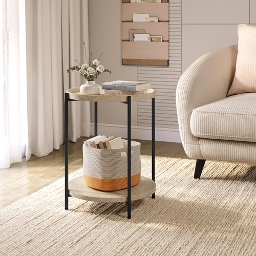 Woltu Ronde Salontafel met 2 Planken - Verwijderbare Bovenplaat - Metaal en Licht Eikenhout - Ø 43 cm