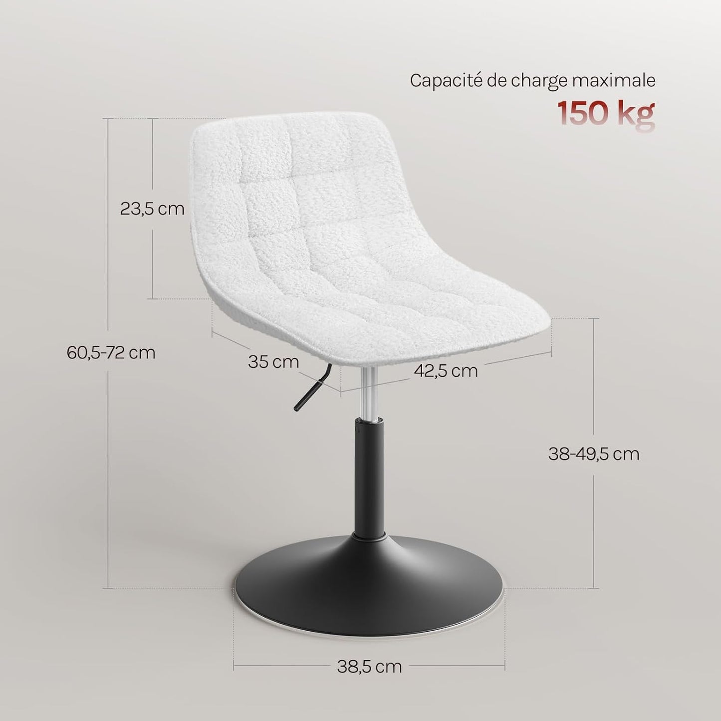 Woltu Verstelbare Chenille Kaptafelstoel met Rugleuning - Draaibaar - Wit - 42,5 x 35 x 72 cm