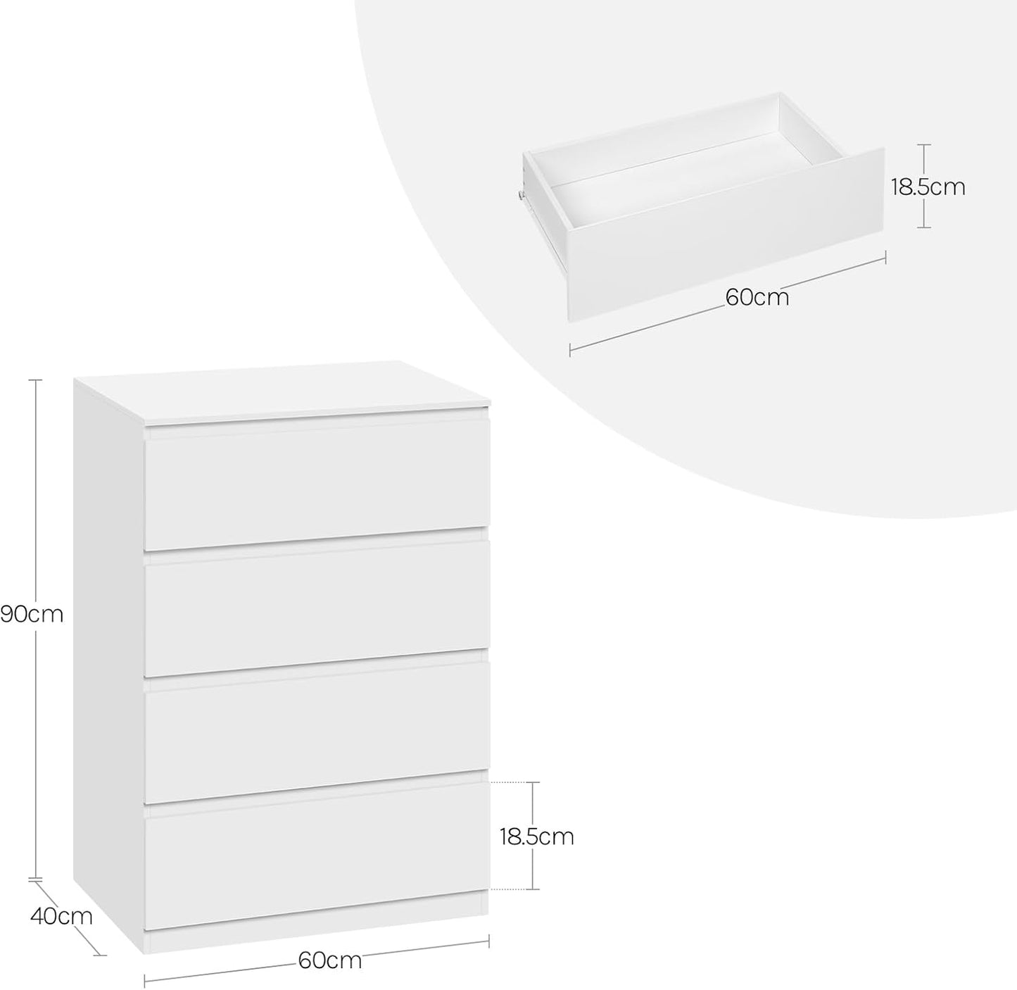 Woltu Ladekast Wit – 4 Lades – 60 x 40 x 90 cm – Moderne Opbergkast voor Slaapkamer en Woonkamer