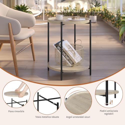 Woltu Ronde Salontafel met 2 Planken - Verwijderbare Bovenplaat - Metaal en Licht Eikenhout - Ø 43 cm