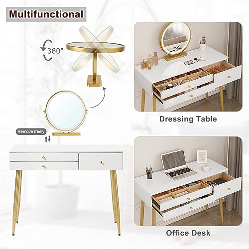 Woltu Make-up Tafel MB6105ws met Kruk en LED Spiegel - Houten Make-up Bureau met Verstelbare Verlichting, 3 Lades, Fluwelen Stoel met Rugleuning - Wit, Crème en Goud - 100x40 cm