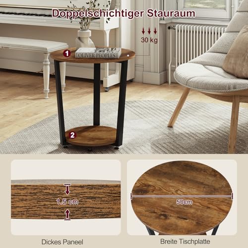 Woltu Ronde Salontafel met 2 Planken - Metaal en Hout - Rustiek Bruin - 50 x 53 x 50 cm