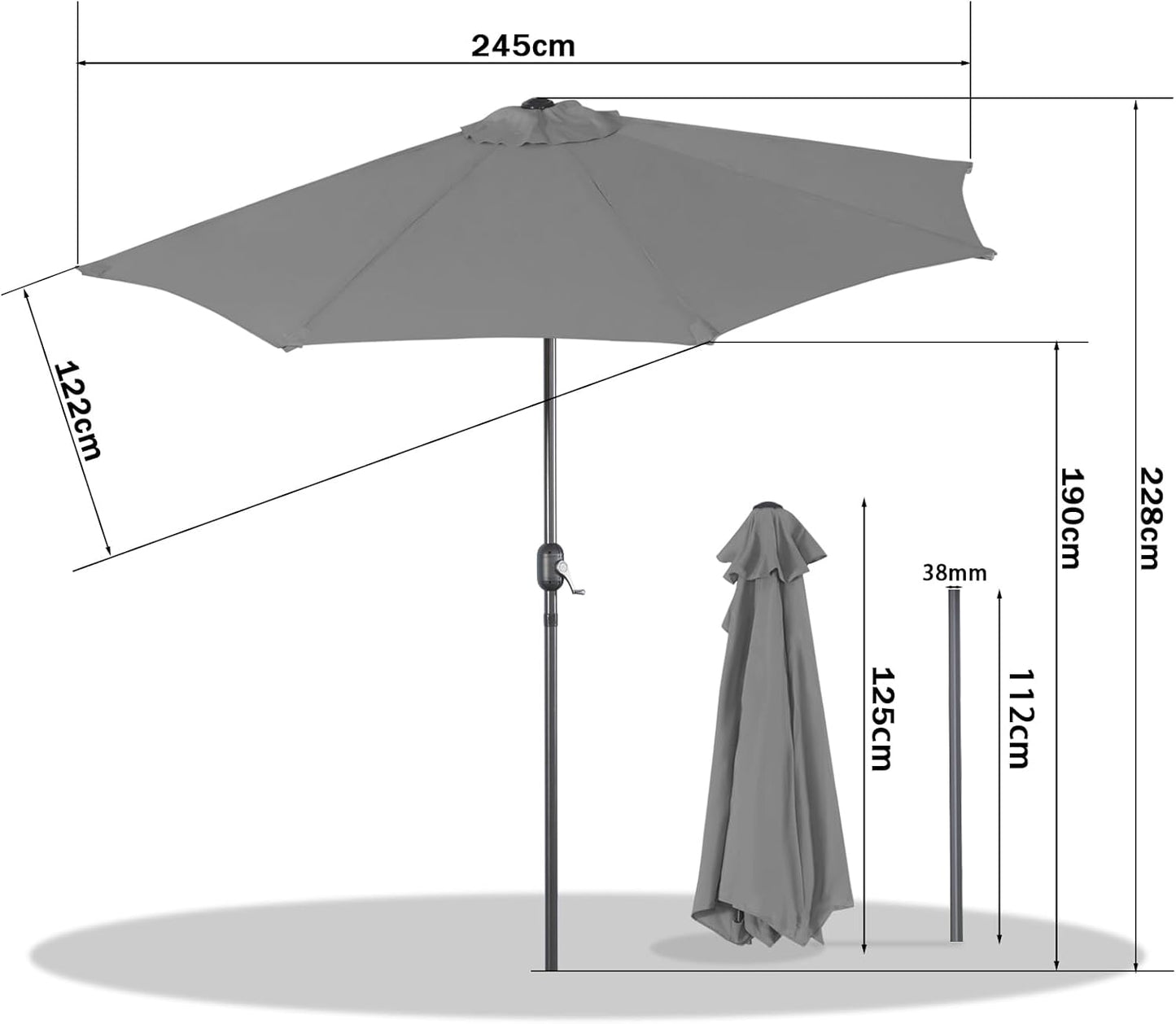 Angel Living Balkonparasol - Halfrond - 245 x 120 cm - Grijs