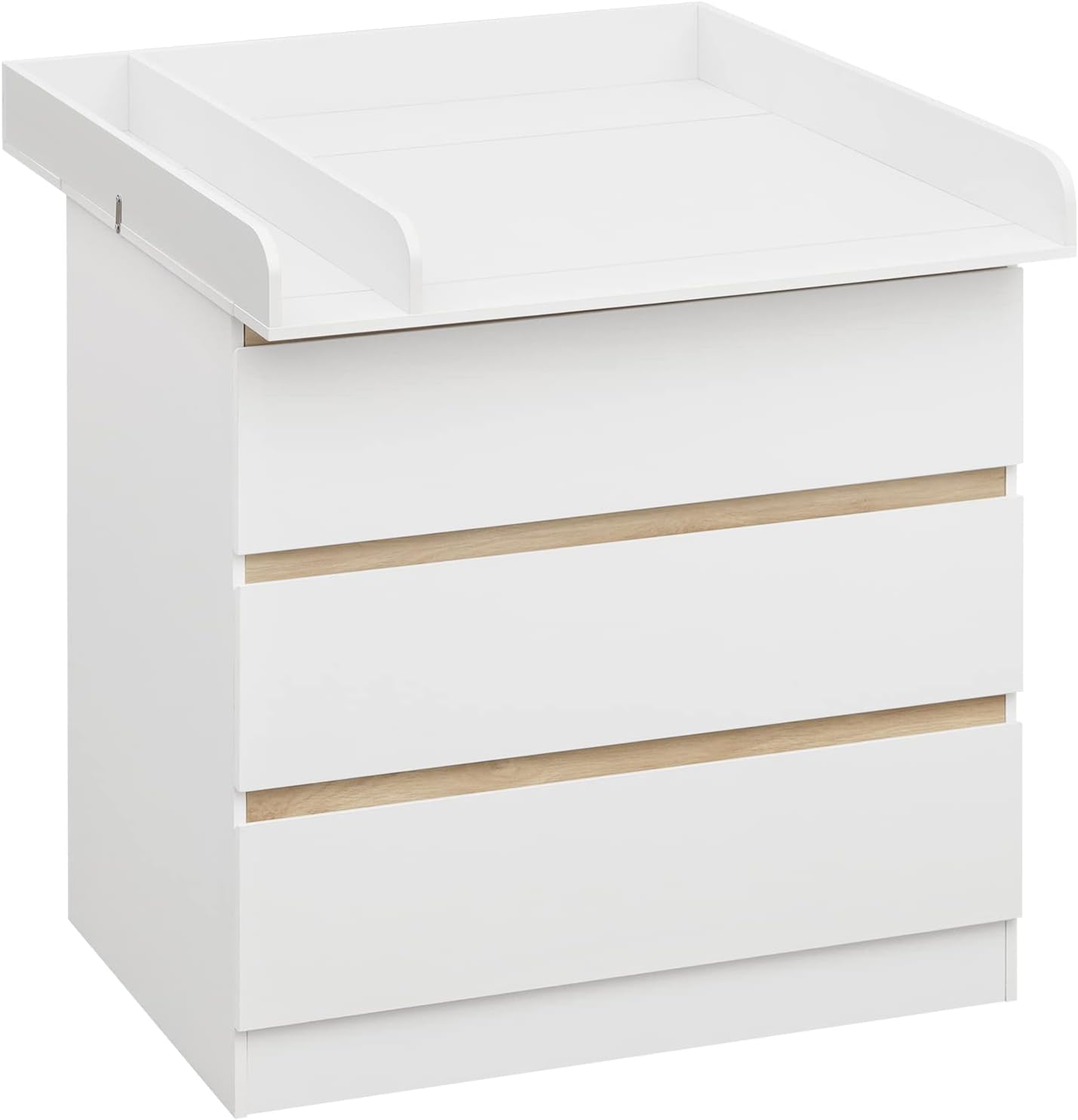 Woltu Luiercommode met aankleedopzetstuk – 80x48x78 cm – Wit en Eiken – 3 Lades – Ergonomisch 86 cm Werkhoogte