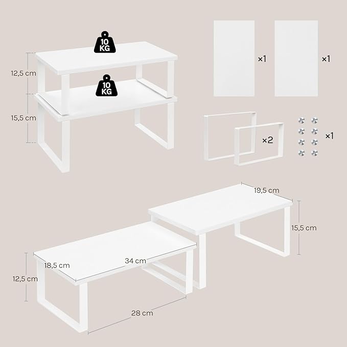 WOLTU Scaffalature kruidenrek set 2 stuks - stapelbare keuken plank organizer - wit MDF en metaal