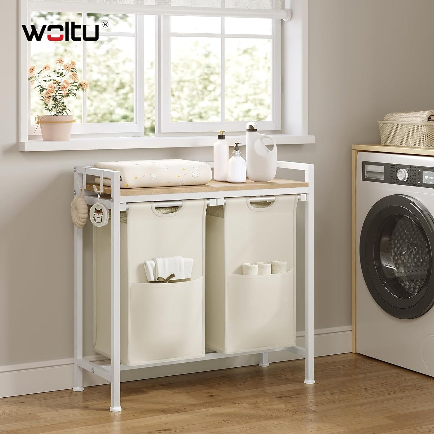 Woltu Wasmand met 2 Vakken en Opbergplank - 80L Inhoud - Uittrekbare & Uitneembare Waszakken - Wit/Licht Eiken - 70 x 30 x 71 cm