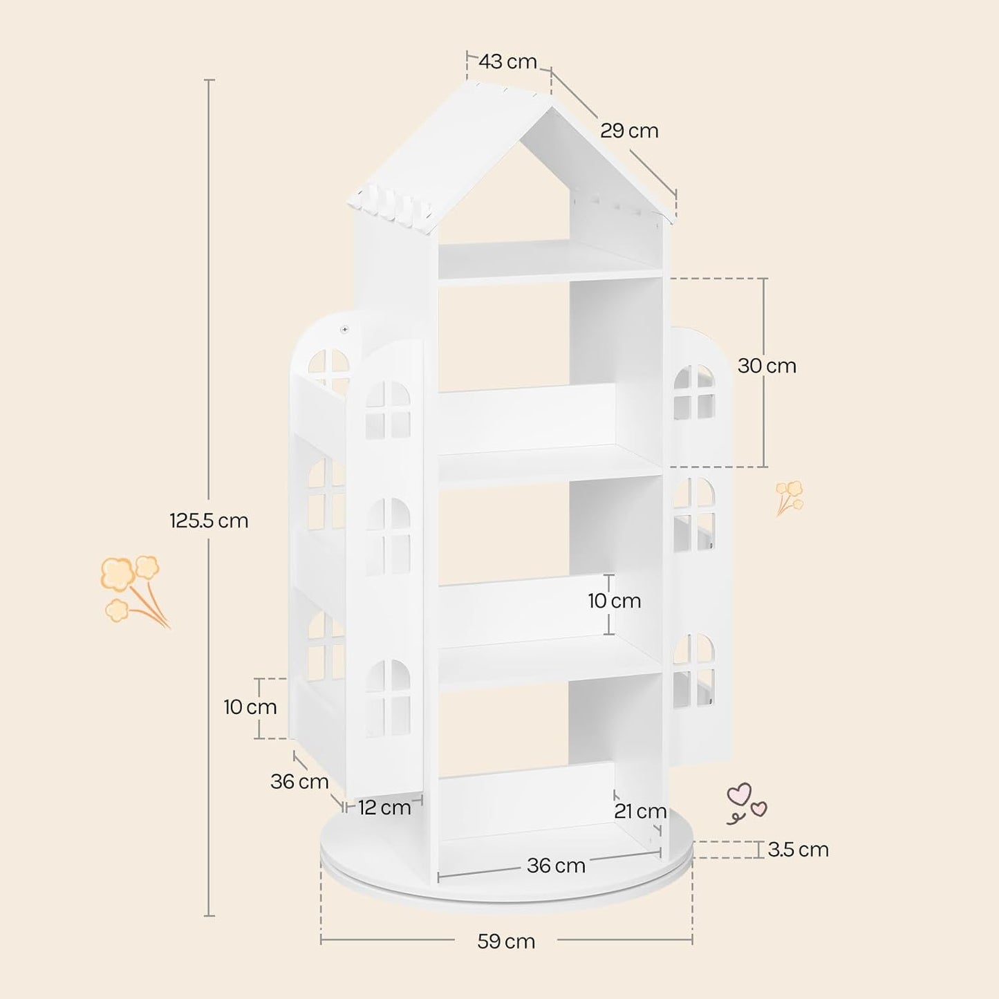 Woltu Draaibare Kinderboekenkast Wit 63x59x125 cm – Montessori Opbergkast met 4 Niveaus en Zijvakken