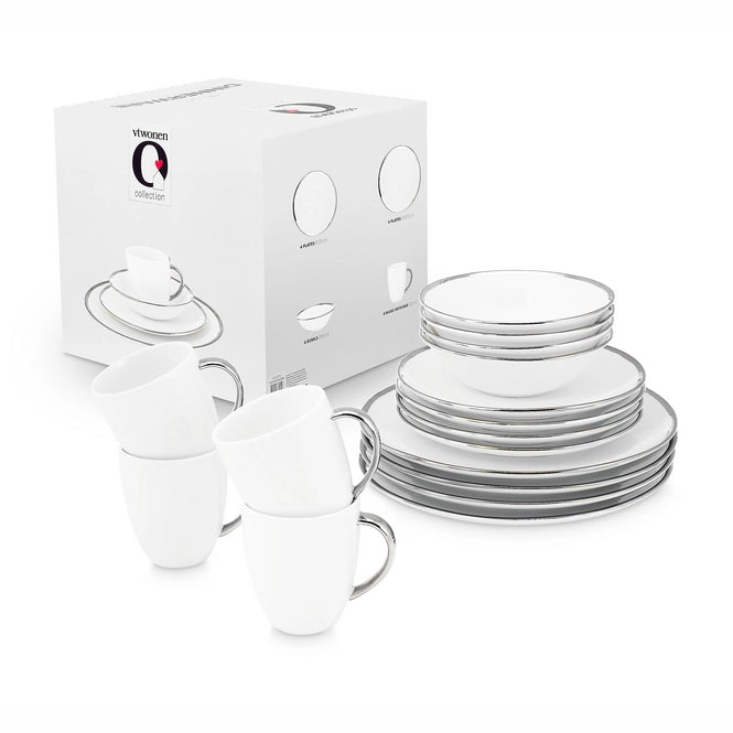 VT Wonen Serviesset Raw White Silver 14-delig – Voorzien Van Tijdloos Design En Elegant Porselein En Vaatwasmachinebestendig – Voor 4 Personen – Wit Porselein – 15-25,5 cm