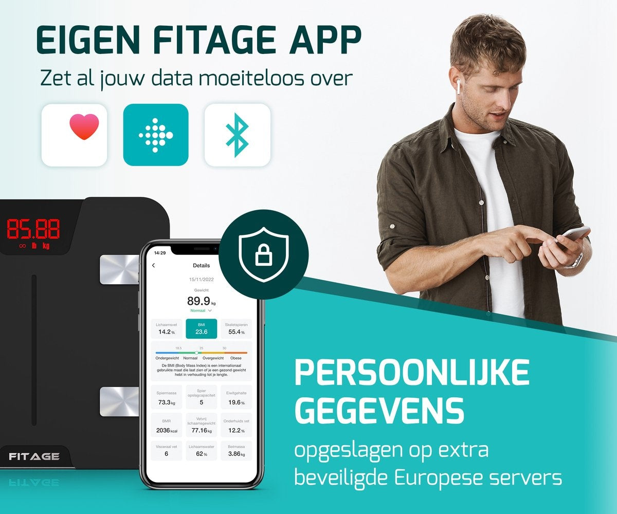 FITAGE Smart Weegschaal – App-tracking & bluetooth - 17 Lichaamswaarden – 180 kg capaciteit – 28 x 28 x 2,5 cm – Zwart
