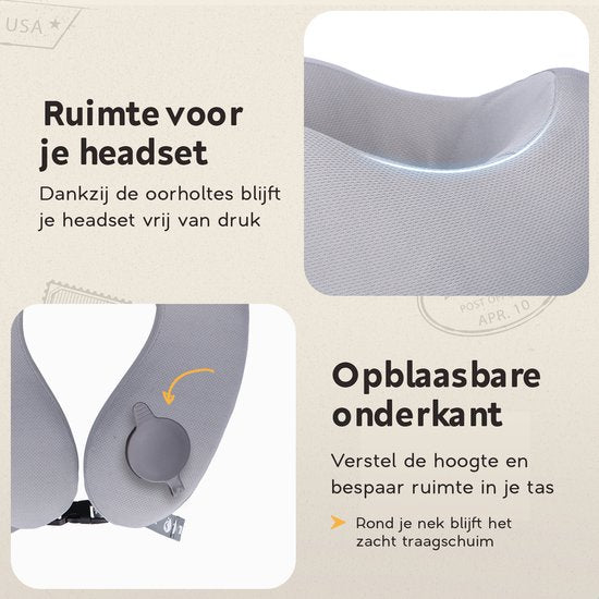 TRAVARA Nekkussen The Airhugger - Reiskussen - Voor Vliegtuig - Auto kussen - Traagschuim - Opblaasbaar en Memory Foam Combinatie - Lichtgrijs