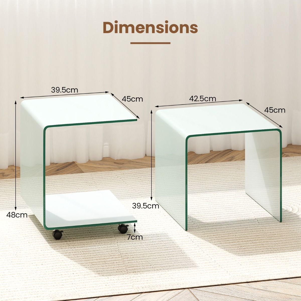 Coast C-vormige Bijzettafel - Wit - 39,5 x 45 x 48 cm - Gehard Glas - Met Vergrendelbare Wielen