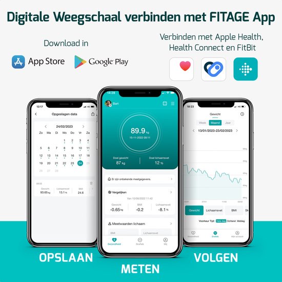 FITAGE LED Weegschaal Wit - Personenweegschaal Digitaal - Slimme Weegschaal met 17x Lichaamsanalyse - Weegschalen - FITAGE App