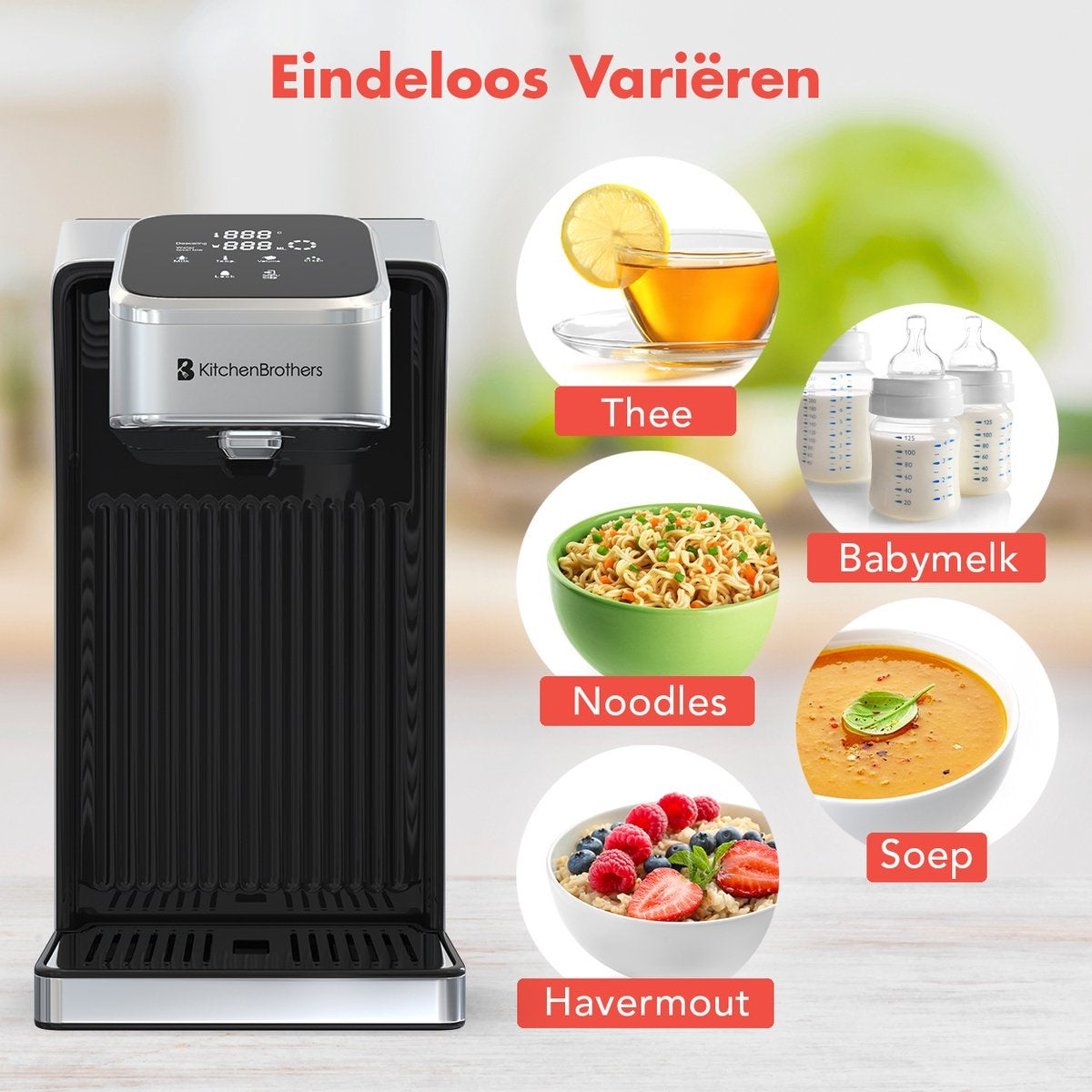 KitchenBrothers Heetwaterdispenser – 2,7L Inhoud, Instelbare Temperatuur – 2600W – 26,4 x 15 x 30,2 cm – RVS/Zwart