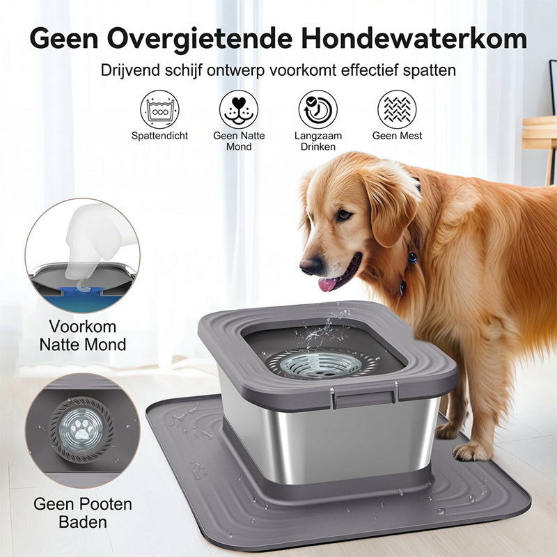 Blinkit 210-1 roestvrijstalen drijvende drinkbak / basis hondenbak, vierkant ontwerp met grote capaciteit, antispatwaterstructuur + grote antislipmat, geschikt voor honden en katten om te drinken, grijs