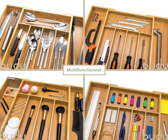Budu Uitschuifbare Bamboe Bestekbak #38 (38 cm diep) - Bestekcassette Hout - Besteklade - 38 x 29,5 - 47,8 cm - 5/7 vakken
