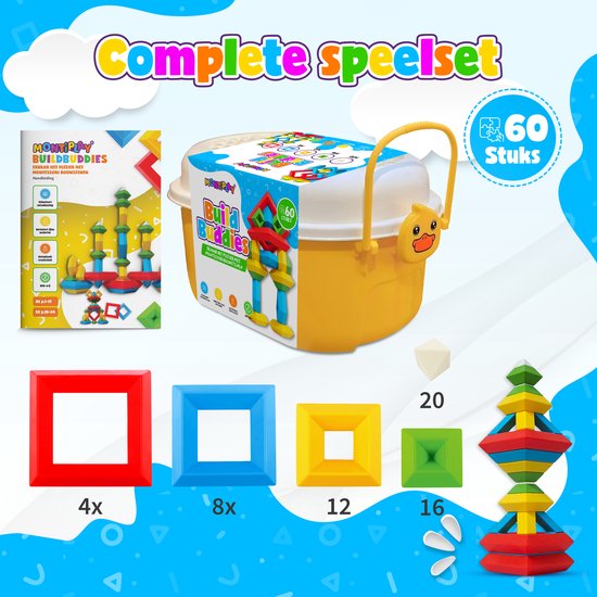 MontiPlay® Build Buddies - 60 Stuks Blokkentoren - Educatief Montessori Speelgoed - Stapelstenen & Blokken - STEM & Sensorisch Peuterspeelgoed - Vanaf 3 Jaar - Kinderspeelgoed - Bouwblokken - Speelgoedboek 2024