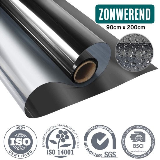 Homewell Zonwerende HR Raamfolie 90x200cm - Statisch Isolerende folie met Spiegeleffect - Zwart (incl. Rakel)