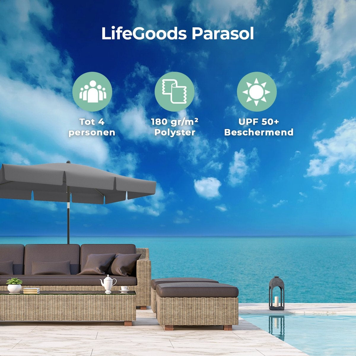 LifeGoods Parasol Vierkant – Incl. Hoes – 30° Kantelbaar – Donkergrijs – Verstelbaar tot 235 cm  - Zonder hoes Zwart