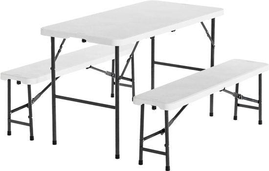 LifeGoods Inklapbare Picknickset - 124cm x 61,5cm - Tuintafel met 2 Banken - Weerbestendig - Campingtafel - Biertafel Opklapbaar - Voor Binnen en Buiten - Voor 4 tot 6 Personen - Wit