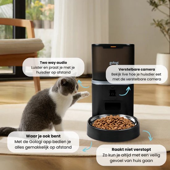 Gologi Automatische Voerbak Eva - Voice Recorder - Camera - Voerautomaat hond - Voerautomaat dispenser kat - Brokgrootte 3 tot 15 mm - Inhoud 6L - Zwart