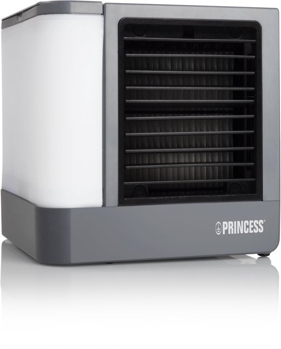 Princess 355500 Premium Mini Luchtkoeler 14,2x14,2x14,8cm – Draagbare airco voor Bureau, Slaapkamer – Aircooler USB-C, 7 Kleuren LED Verlichting, Uitneembaar Waterverdampingsfilter, Persoonlijke Verkoeler, Compact voor Thuis, Kantoor en Reizen