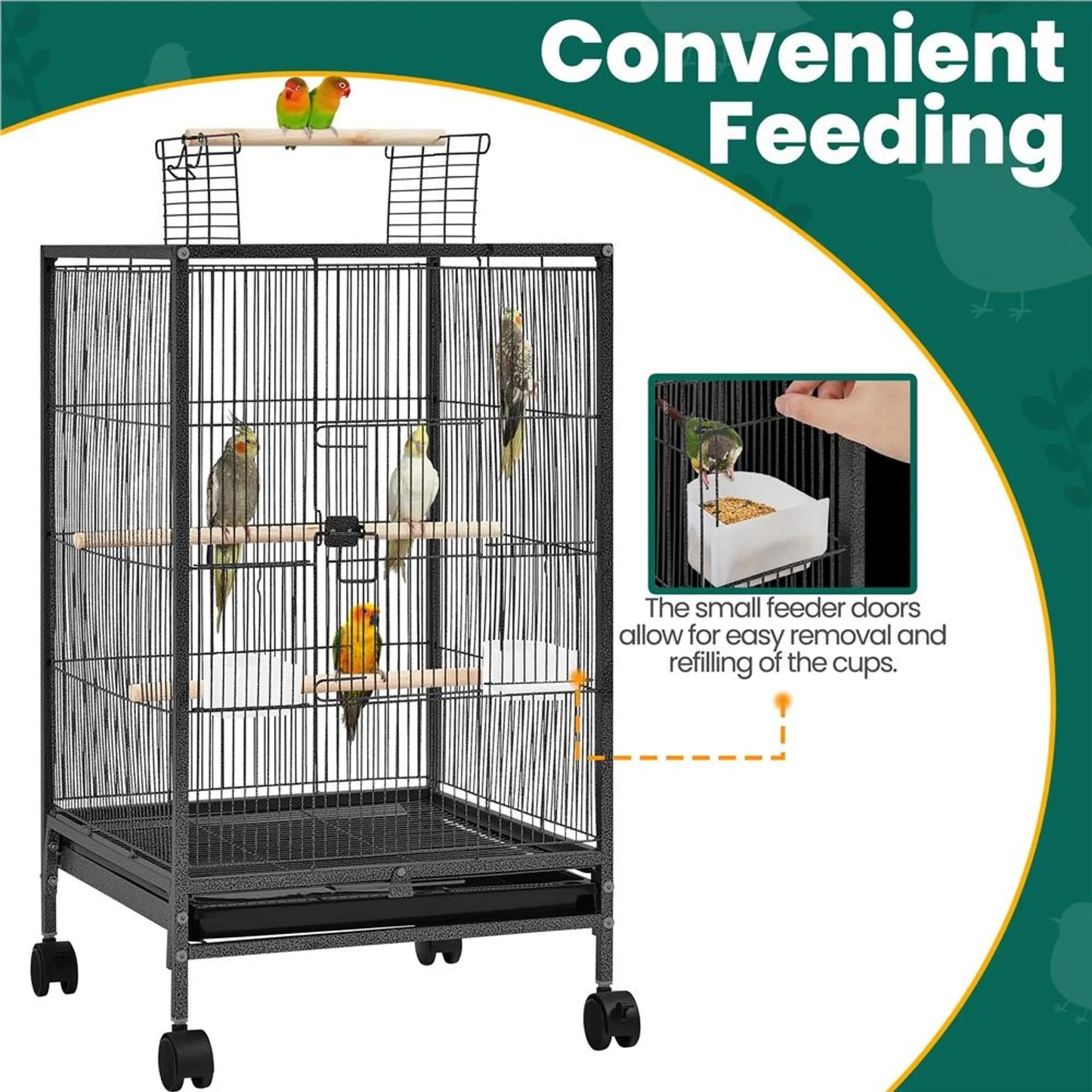 Yaheetech Vogelkooi Met Open Dak – 45,5 x 45,5 x 79 cm – Voorzien Van Verwijderbare Wielen En Uittrekbare Bodemlade En Gehamerde Poedercoating – Voor Grasparkieten En Kanaries – Zwart Metaal En Hout