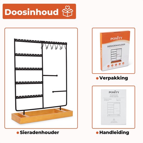 Posity Sieradenrekje – Sieradenhouder – Oorbellenrekje – Juwelen houder – Voor kettingen/armbanden/ringen/Juwelen – Hout & metaal – Zwart