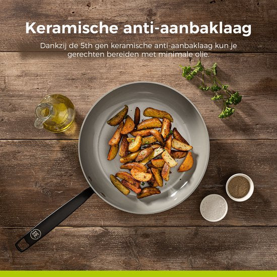 BE Living Koekenpan - Ø 28 cm - Bakpan - Keramisch - PFAS Vrij Anti-aanbak - Inductiepan - Grijs - Essential Series