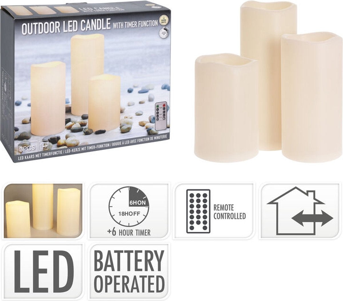 LED kaarsen - 3 stuks - Met timer - Geschikt voor buiten