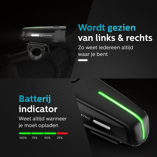 Inlustro Oplaadbaar LED Fietsverlichting Set - Met Verblindingsreductie en Remsensor - Racefiets / Wielrennen / MTB Fietslicht - Fietslamp Rood en Koplamp Wit - Voorlicht Achterlicht Fietslampjes - Waterdicht / USB-C
