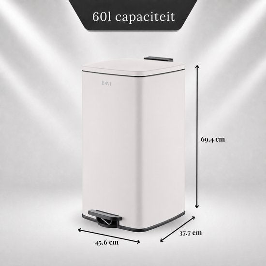 Bayt Prullenbak - Prullenbak 60 Liter - Pedaalemmer 60 Liter - Vuilnisbak 60 Liter - Afvalbak - RVS - Crème wit