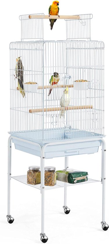 Yaheetech Vogelkooi voor Wellensittich, Kanarie en Papegaai - met Standaard, Speelgoed en Opbergruimte - Wit - 46,5 x 46,5 x 136 cm